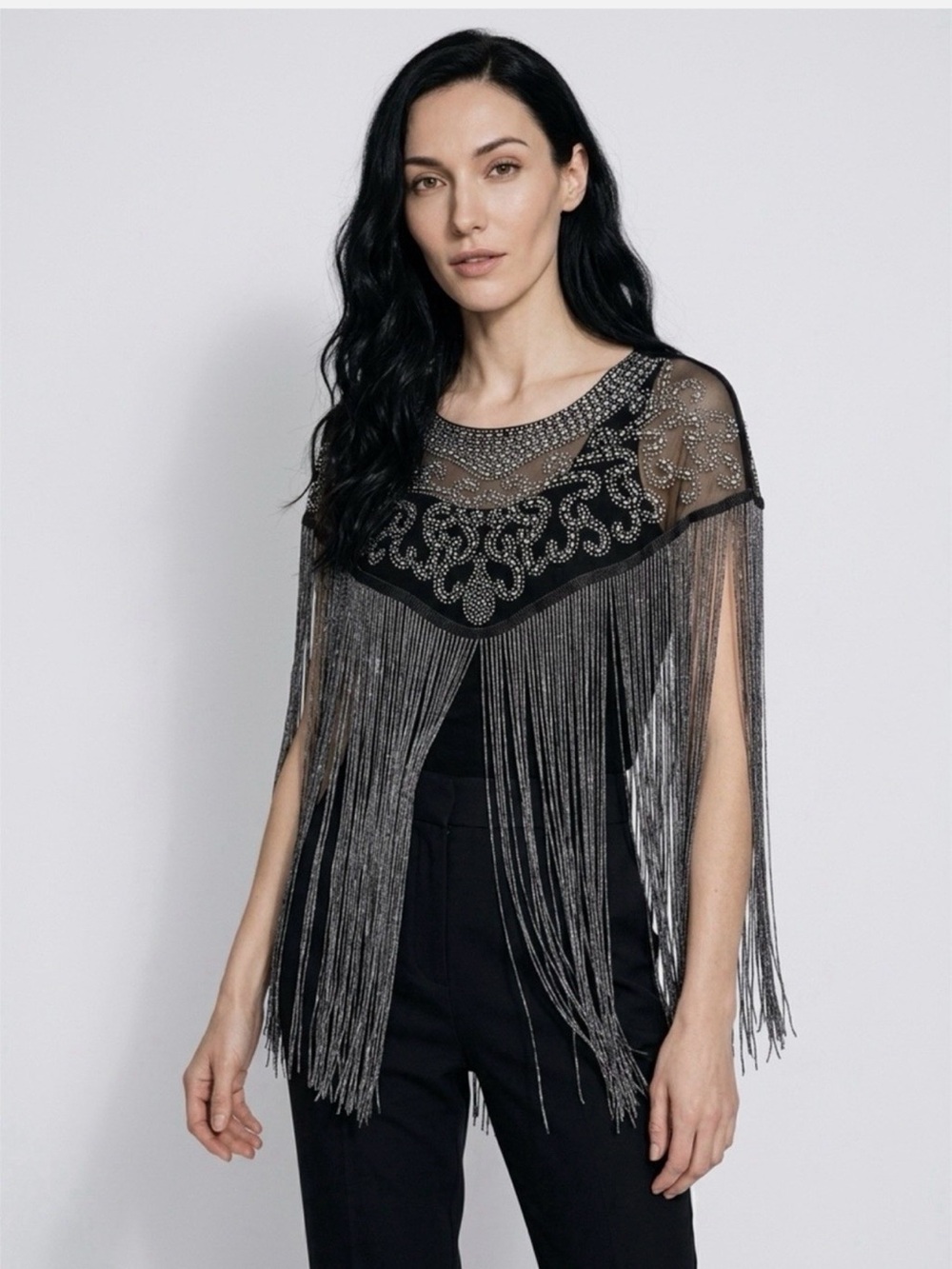 Xplus Wear Black/Silver Beaded Fringe Mesh Top for Women